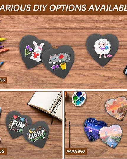 24 PCS Slate Drink Coasters Bulk,4 Inch Black Slate Stone Coasters for Office, Home Decor,Laser Engraving Blanks with Anti-Scratch Bottoms for Coffee Bar Kitchen(Heart)