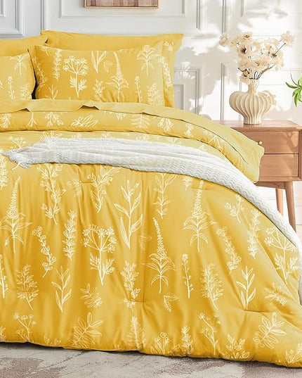 MUXHOMO Bright Yellow Bed in a Bag Queen 7 Pieces, Queen Comforter Set Reversible Botanical Flowers Design, Ultra Soft & Breathable Bedding Sets with Comforter, Sheets, Pillowcases & Shams