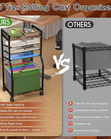 5-Tier Rolling File Cart with Hanging File Folders, Mobile Desk File Organizer on Lockable Wheels, Wood & Mesh Paper Letter Sliding Trays Organization for Office, Home, School, Patent