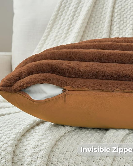 FUTEI Rust Throw Pillow Covers Set of 2, 18x18 Inch Striped Texture Cushion Cases with Soft Faux Rabbit Fur Front & Velvet Back, Modern Decorative Couch Pillows for Living Room