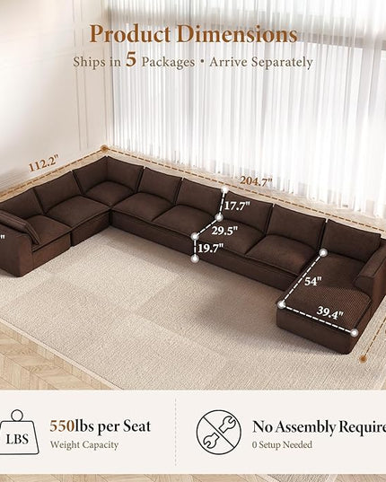 Vesgantti 204.7" Oversized Boneless Sectional Couch, Modern 9 Seater Modular Sofa with Chaise, Deep Seat Convertible Corduroy Cloud Couches for Living Room, No Assembly Required, Dark Brown