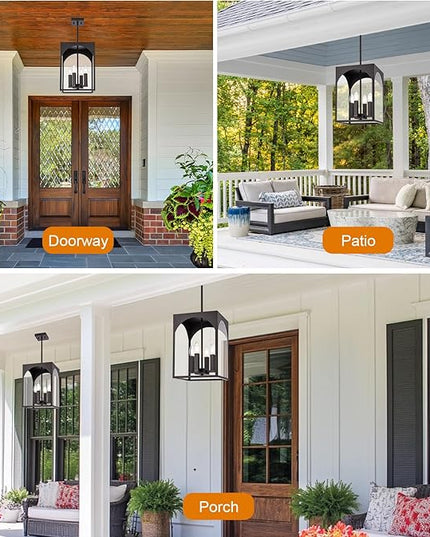 VINLUZ Outdoor 4 Light Pendant Lighting,Classic Outside Chandelier Exterior Hanging Lantern Light with Clear Glass Shade Oil Rubbed Bronze Finish for Porch, Yard, Gazebo