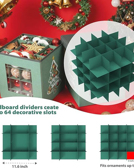 Christmas Ornament Storage Box with Lid - Holds 64 Ornaments, Large Sturdy & Foldable Organizer Case for Holiday Decor 11.8x11.8x11.8 Inch