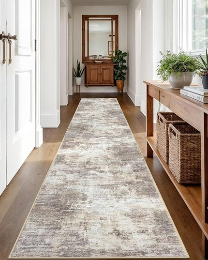 IOHOUZE Abstract Runner Rug 2x12 Ft Washable Runners for Hallways, Non Slip Kitchen Runner Printed Faux Wool Entryway Runner Indoor, Modern Abstract Floor Carpet for Hall Kitchen, Beige Brown
