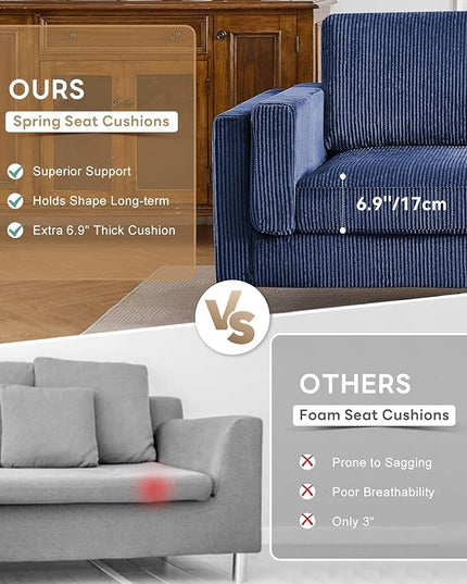 Tbfit 85" Corduroy Couch for Living Room, 3 Seater Mid Century Modern Sofa with Spring Cusions & Extra Deep Seat for Bedroom, Small Comfy Upholstered Couches Easy Assembly with Solid Wood Legs, Blue