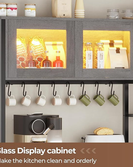 Itaar Bakers Rack with Power Outlet and LED Light, 45.3 Inch Farmhouse Coffee Bar Cabinet, Kitchen Microwave Stand with Storage, Glass Cabinet, Goblet Holder and 8 Hooks (Grey)