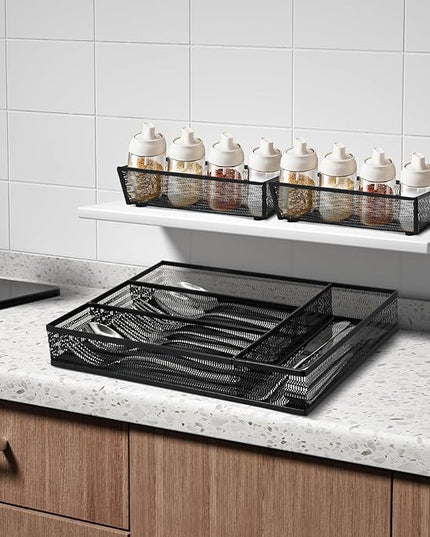 Neudeco Drawer Organizer Set 5 Pack - 4-Compartment Silverware Organizer Tray + 4 Utensil Trays, Kitchen Drawer Organizer for Flatware, Cutlery, Office Supplies, Black Mesh, Non-Slip.