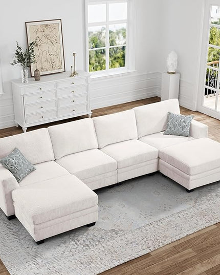 Legend Vansen Oversized Modular Sectional Sofa,6 Seat U Shaped Couch with Ottoman,Corduroy Sofa with Deep Seat,Convertible Large Sectional Couches for Living Room(Cream, U-6)