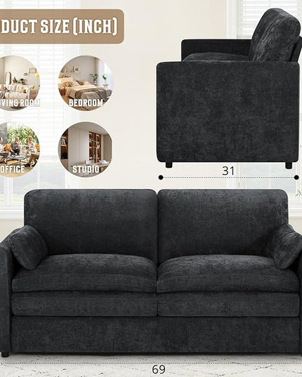 69" Chenille 2 Seats Sofa with 2 Pillows, Modern Upholstered Sofa with Deeper Seats, Comfy Sofa with Thickened Cushions for Living Room, Apartment, Black