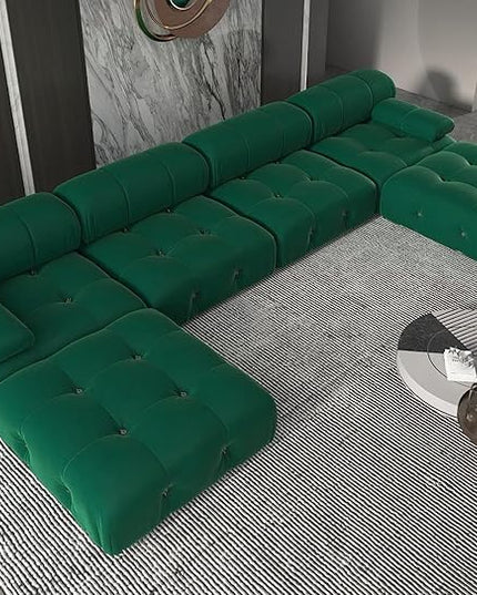 JACH 138" Convertible Modular Sectional Couch, U-Shaped Minimalist Velvet Sofas, Mid-Century Modern Comfy Sectional Couches with Chaise Ottomans for Living Room Office Apartment (Green)