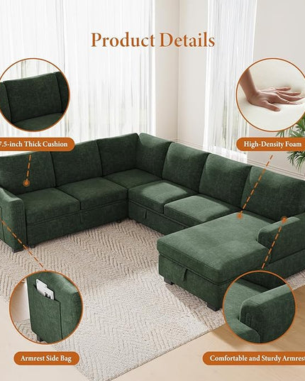 Vesgantti 113.6" Modular Sectional Sofa with Pull Out Couch Bed, 7 Seater U Shaped Sleeper Sofa with Storage Chaise, Chenille Sectional Couch for Living Room, Bedroom, Apartment, Green