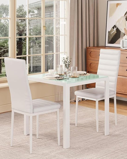 Gizoon 3 Piece Glass Dining Table Set, Kitchen and Chairs for 2, PU Leather Modern Room Sets for Home, Kitchen, Living Room
