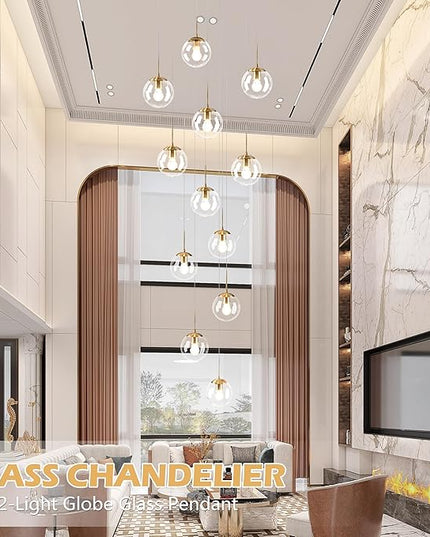 KoKo&Yukina 12-Light Gold Mid Century Modern Chandelier for Living Room Staircase Chandelier for Entryway Clear Globe Glass Chandelier High Ceiling Chandeliers Foyer Entryway (Bulb & Remote Incl.)