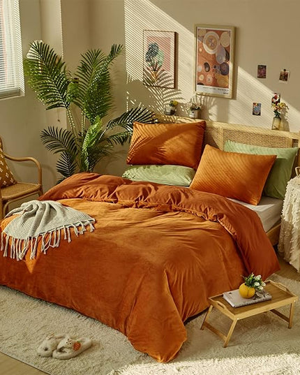 Luxlovery Burnt Orange Fluffy Comforter Cal King Rust Caramel Velvet Bedding Comforter Sets Flannel Winter Sherpa Micromink Blanket Quilts Warm Comfy Soft Bedding Comforter Set