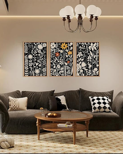 HOURIA Large Moody Boho Floral Framed Canvas Wall Art Set,Mid Century Black Flower Leaf Wall Decor,Retro Dark Wildflower Artwork,Minimalist Botanical Art Print for Living Room,Bedroom,Office-16"x24"x3