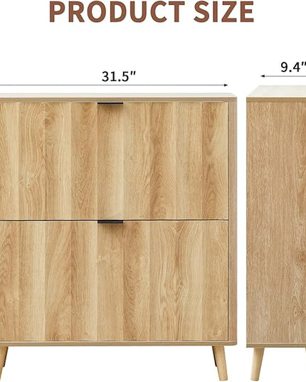 31.5” Fluted Shoe Cabinet Storage with 2 Flip Drawers,Narrow Freestanding Shoe Storage Organizer,Slim Shoe Rack Cabinet for Entryway,Hallway (Natural)