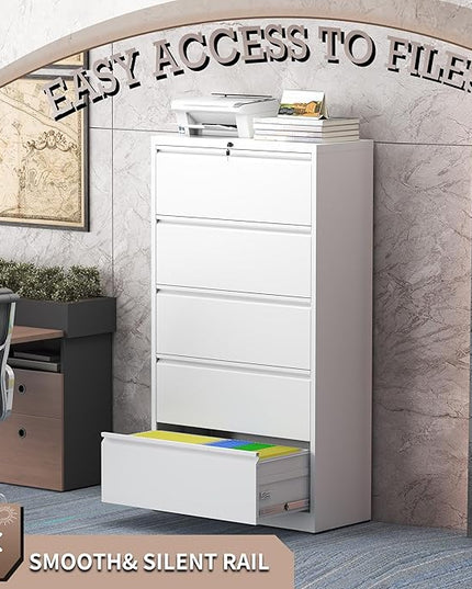 5 Drawer Lateral File Cabinet with Lock, Metal File Cabinet, Lateral File Cabinets for Home Office, Heavy Duty File Storage Cabinet for Legal/Letter/A4 Document, Assembly Required, White