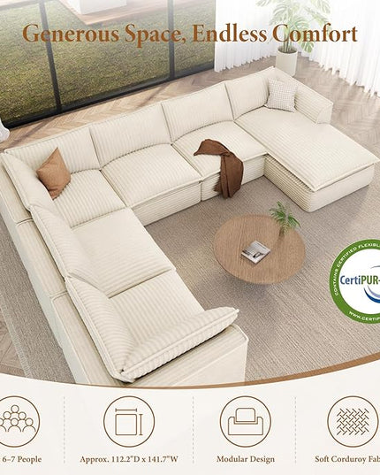 Vesgantti 141.7" Oversized Sectional Boneless Couch, Modern 7 Seater Modular Sofa with Chaise, Deep Seat Convertible Plush Corduroy Cloud Couches for Living Room, No Assembly Required, Beige