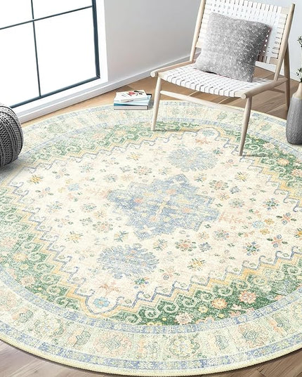 MUJOO Round Rugs 6ft,Circle Area Rug Washable,Circular Rugs for Living Room Dining Room,Large Boho Non Slip Throw Carpet Light Green and Blue
