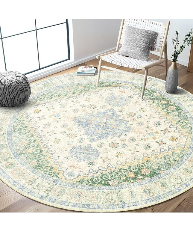 MUJOO Round Rugs 6ft,Circle Area Rug Washable,Circular Rugs for Living Room Dining Room,Large Boho Non Slip Throw Carpet Light Green and Blue