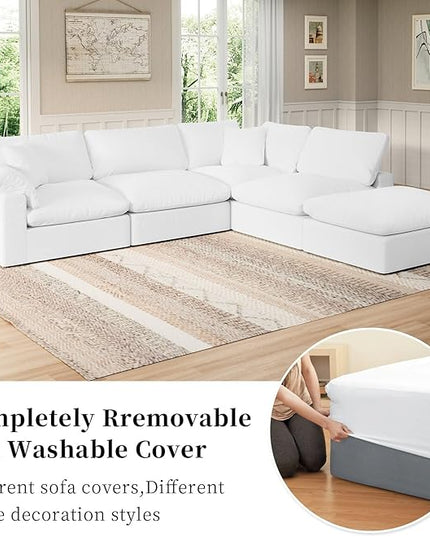Modular Sectional Sofa Cloud Couch,Down Filled Comfy Cloud Modern Sofa,White Linen Oversized Couch Cushion Covers Removable for Living Room(3 Seater)