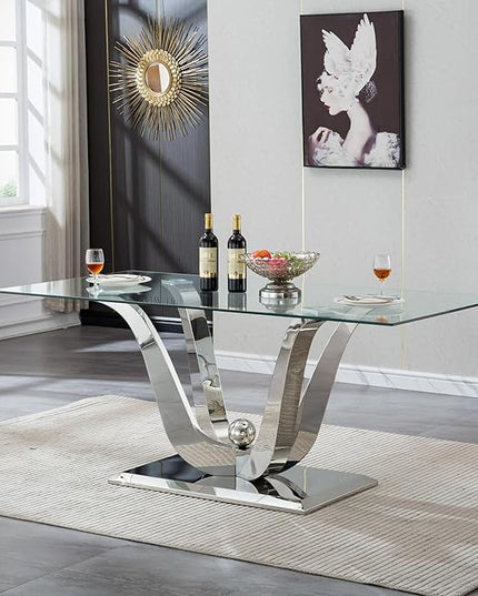 70" Modern Silver Glass Dining Table Set for 4, 5-Piece Rectangle Kitchen Dining Room Table Set with Steel Base & 4 Blue Velvet Upholstered Chairs, Modern Glass Kitchen Table and Chairs Set of 4