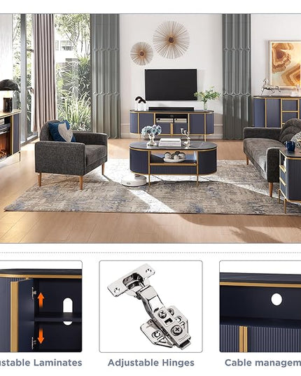 OKD Luxury 70" Fluted TV Stand, Modern Chic Entertainment Center for TVs Up to 80 inches, TV Console with Faux Marble Top, Curved Profile Design, Media Console for Living Room, Navy Blue