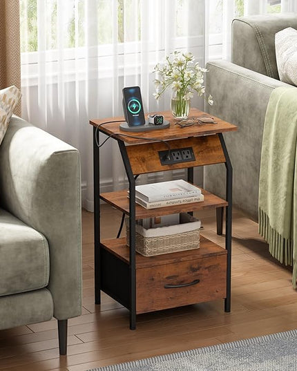 JAXPETY Nightstands Set of 2, Night Stand with Drawer Shelf and Charging Station, Storage End Table, Bedside Table for Bedroom Living Room Sofa, Rustic Brown