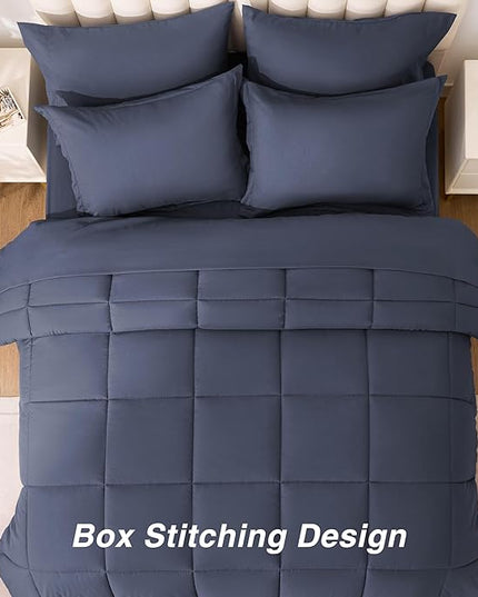 Love's cabin King Size Comforter Set Indigo Blue, 7 Pieces King Bed in a Bag, All Season Bedding Sets with 1 Comforter, 1 Flat Sheet, 1 Fitted Sheet, 2 Pillowcase and 2 Pillow Sham