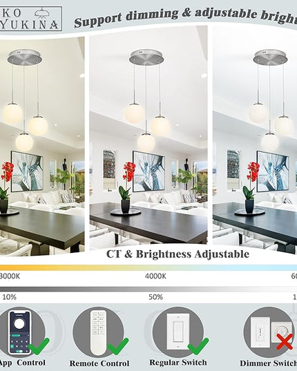 KoKo&Yukina 3-Light Globe Glass Pendant Light Modern Nickel Glass Chandelier Adjustable Length Pendant Lights Fixtures with Milky White Globe Ceiling Light for Kitchen Island (Bulb & Remote Incl.)