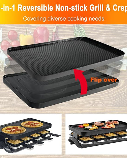 TAMARIT Raclette Table Grill Portable 3 in 1 Korean Barbecue BBQ Electric Indoor Griddle with Non-Stick Reversible Plate and Cooking Stone for Steak 1400W Raclette Grill for 8 Person, Black