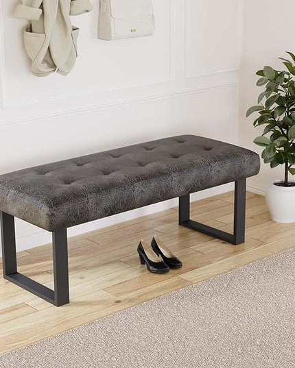 JIEXI 45.3'' Upholstered Quality Cloth Fabrics Bench with Metal Leg, Button Tufted Design Footstool, Waiting Bedroom Room Reception Bench, Office Chair, for Entryway and Kitchen