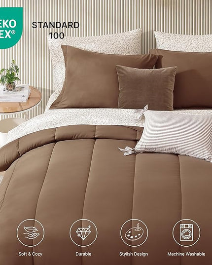 Monbix Full Comforter Set - 7 Pieces Brown Bed in a Bag Full Size Track Stitching Bedding Sets, All Seasons Comforter with Sheets, Pillowcases & Shams