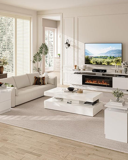4-Piece Modern Living Room Table Set, Includes High Gloss 70" Fireplace TV Stand, LED Coffee Table and End Tables Set of 2 with Storage Drawers, White & Black