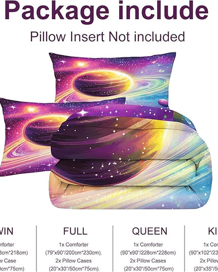 Planets Bedding Set Purple Pink Gold Comforter Set King Size for Kids Teens Adults Bedroom Decor Outer Space Colorful Bed Set Ultra Soft Saturn Quilt Set with 1 Comforter + 2 Pillowcases