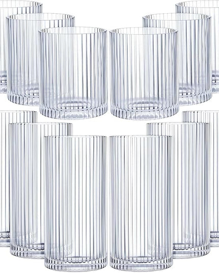 Zhehao 12 Pcs Ribbed Drinking Glasses Set 12 oz 14 oz Glass Cups Vintage Glassware Ribbed Cocktail Cup Clear Ice Coffee Highball Ripple Drinkware for Home Bar Beverages