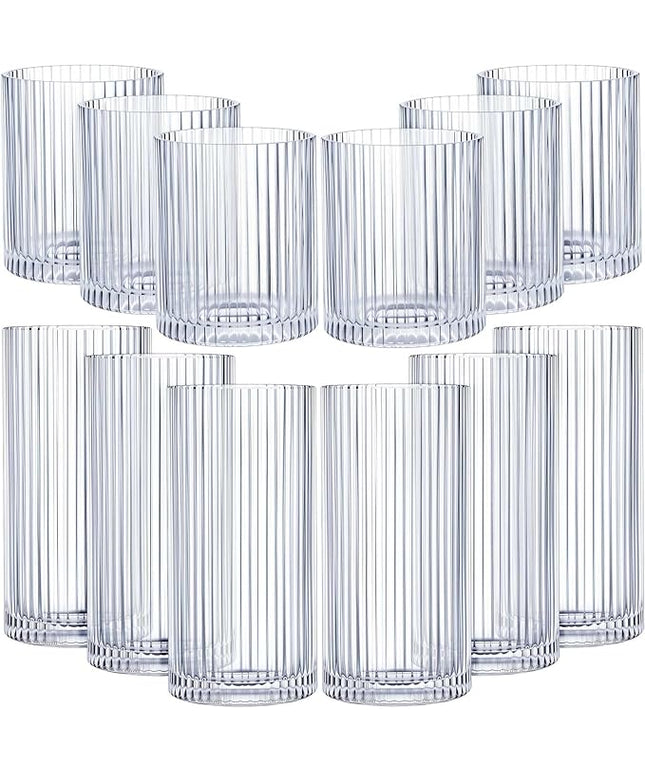 Zhehao 12 Pcs Ribbed Drinking Glasses Set 12 oz 14 oz Glass Cups Vintage Glassware Ribbed Cocktail Cup Clear Ice Coffee Highball Ripple Drinkware for Home Bar Beverages