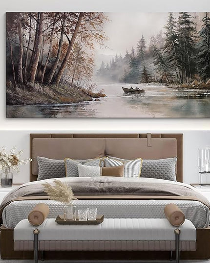HGUAOA Mountain Canvas Wall Art Rustic Lake Landscape - Nature & Forest Scenery Paintings Pictures for Living Room & Bedroom Wall Decor Vintage Artwork for Walls