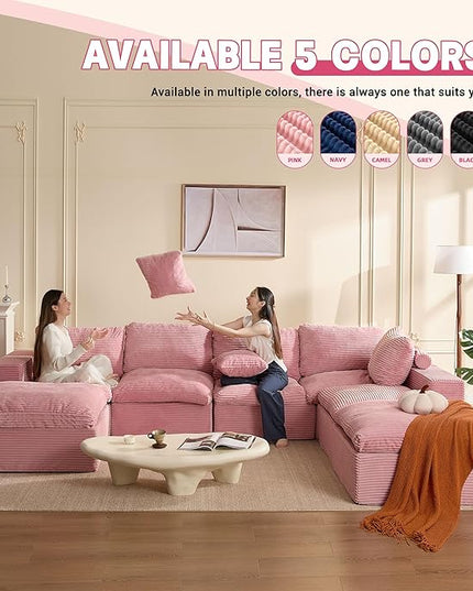137.8” Sectional Couches for Living Room, Cloud Couch, Modular Sectional Sofa, Convertible Sofas Bed, Deep Seat Sofa, Sleeper Sofa Full Size, Corduroy, Pink