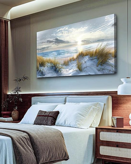 Lapremoly Framed Wall Art - Large Ocean Beach Wall Decor for Living Room, Office, Modern Bedroom - Blue Sea Landscape Pictures - 24"X48"