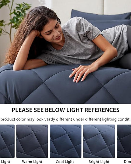 Love's cabin King Size Comforter Set Navy Blue, 7 Pieces King Bed in a Bag, All Season Bedding Sets with 1 Comforter, 1 Flat Sheet, 1 Fitted Sheet, 2 Pillowcase and 2 Pillow Sham