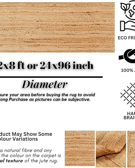 Hand Woven Jute Area Rug - 2' x 8' Feet - Rustic Beige Reversible Rectangular Rugs for Bedroom, Kitchen, Living Room - Vintage Natural Braided Entry Floor Décor Boho Jute Rug 24 X96 Inches