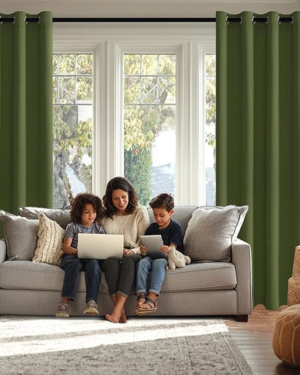JIUZHEN Olive Green Blackout Curtains for Bedroom - Light Blocking and Noise Reducing Grommet Curtains for Living Room Darkening Curtains, Set of 2 Window Curtain Panels, 60 x 63 Inch Length