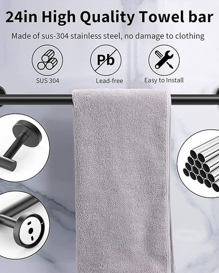 Newfun 10 Pieces Matte Black Bathroom Hardware Set - Includes 24 inch Towel Bar, Robe Hook, Toilet Paper Holder, Stainless Steel Bathroom Accessories Set for Bathroom Wall Mounted