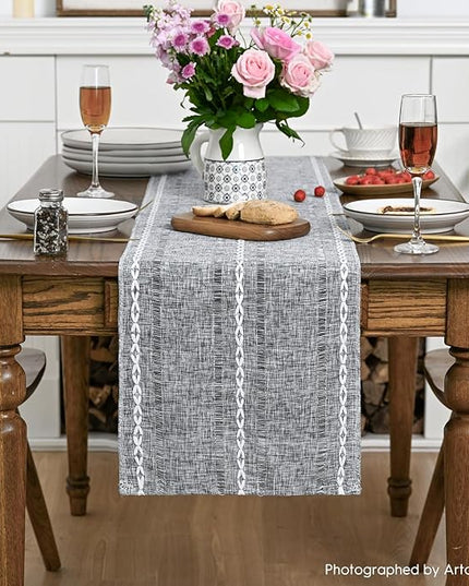 Artoid Mode Dark Grey Rustic Cotton Linen Table Runner, Seasonal Embroidered Hollow Kitchen Dining Table Decoration for Home Party Decor 13x90 Inch