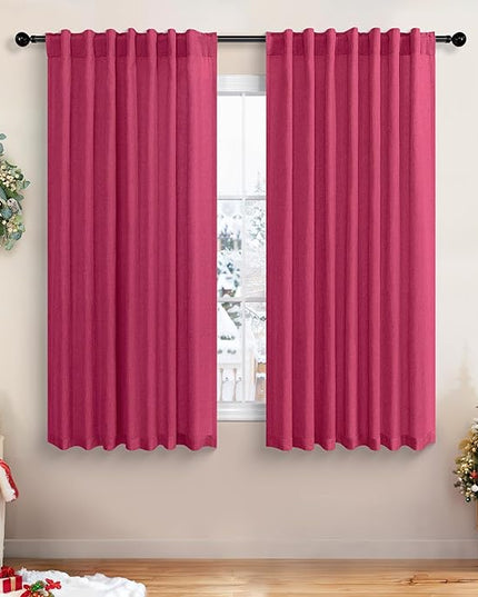 Hot Pink Curtains 45 Inch Length for Bedroom 2 Panel Pocket Back Tab Short Small Magenta Curtains for Living Room Semi-sheer Linen Light Filtering Curtain for Kitchen Bathroom Raspberry Fuchsia 52x45
