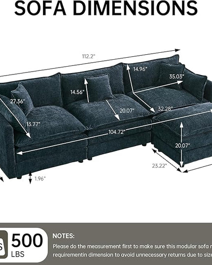 Modular Sectional Sofa, 112.2 Inch L Shaped Couch Set with Armrests, 3-Seater Comfy Cloud Couches with Movable Ottoman for Living Room Apartment, Blue