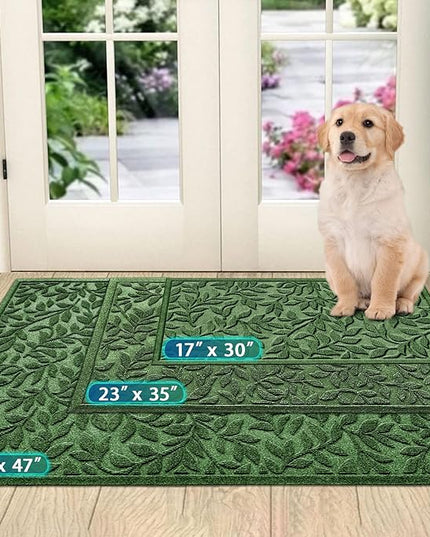 Bulijojo Sturdy Frontr Entrance Doormats,Durable Heavy Duty Welcome Mat,Thick Absorbent Natural Rubber Non Slip Mat,Easy Clean Entryway Mat Leaves Green 23"x35"