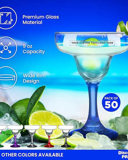DISCOUNT PROMOS 50 Margarita Glasses Set, 9 oz. - Personalized Text, Logo - Classic, Smooth, Barware, Glassware - Blue