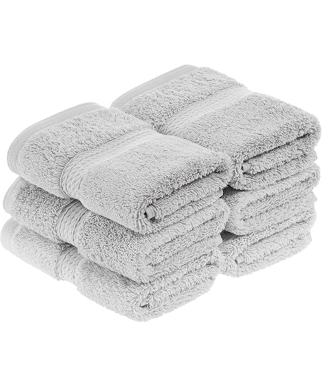 Superior Egyptian Cotton Pile Face Towel/Washcloth Set of 6, Ultra Soft Luxury Towels, Thick Plush Essentials, Absorbent Heavyweight, Guest Bath, Hotel, Spa, Home Bathroom, Shower Basics, Silver